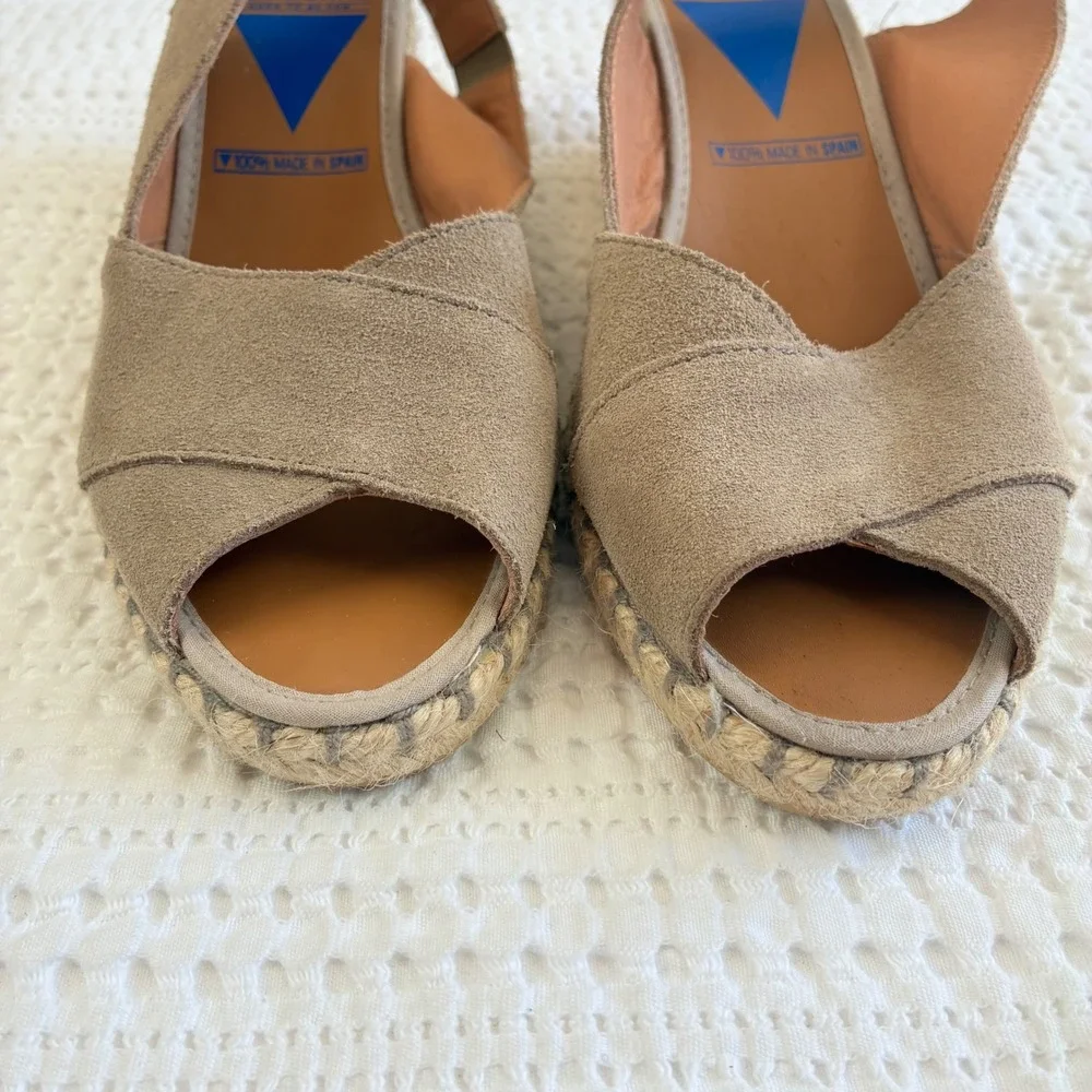 Verbenas Espadrille Wedge Tan Suede Open  Toe Women 7.5/8 Euro 38 Handmade Spain